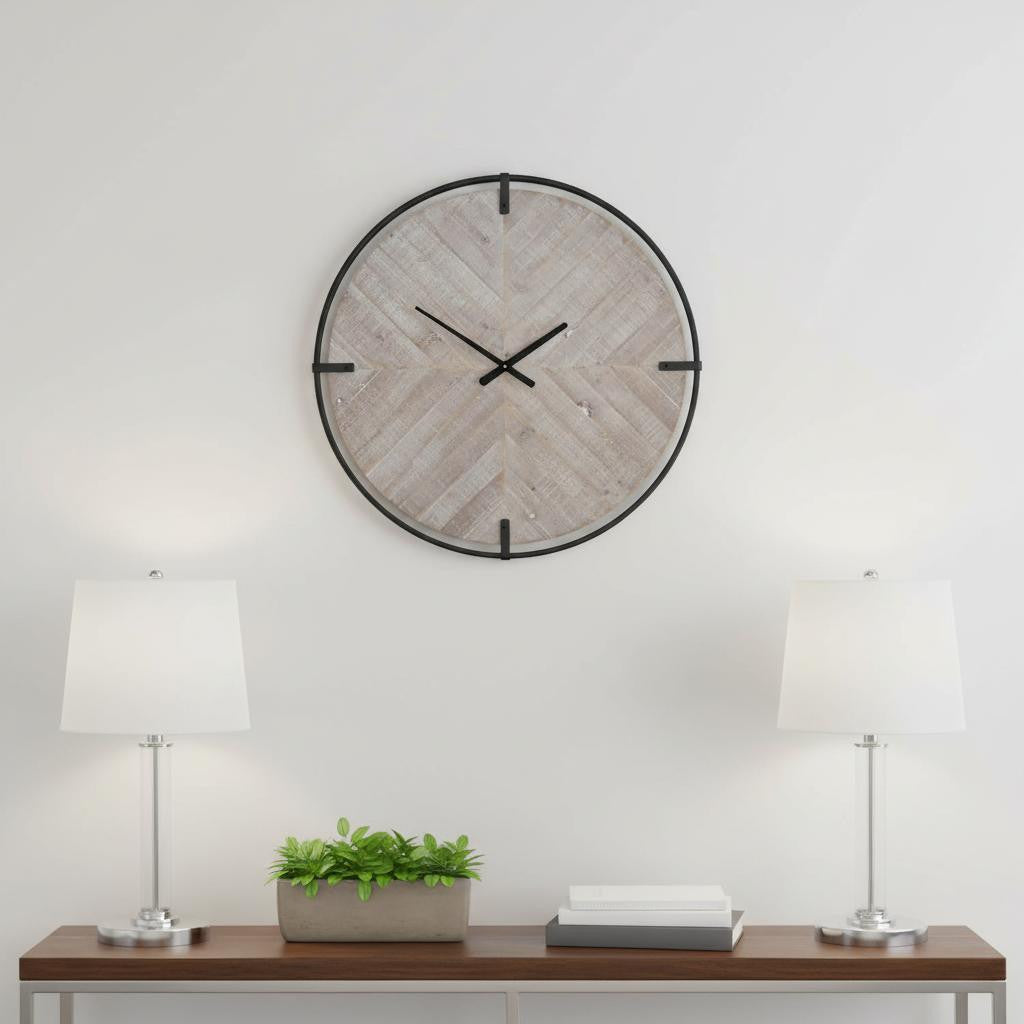 33" BLACK AND NATURAL METAL AND SOLID WOOD ANALOG DISTRESSED ROUND WALL CLOCK