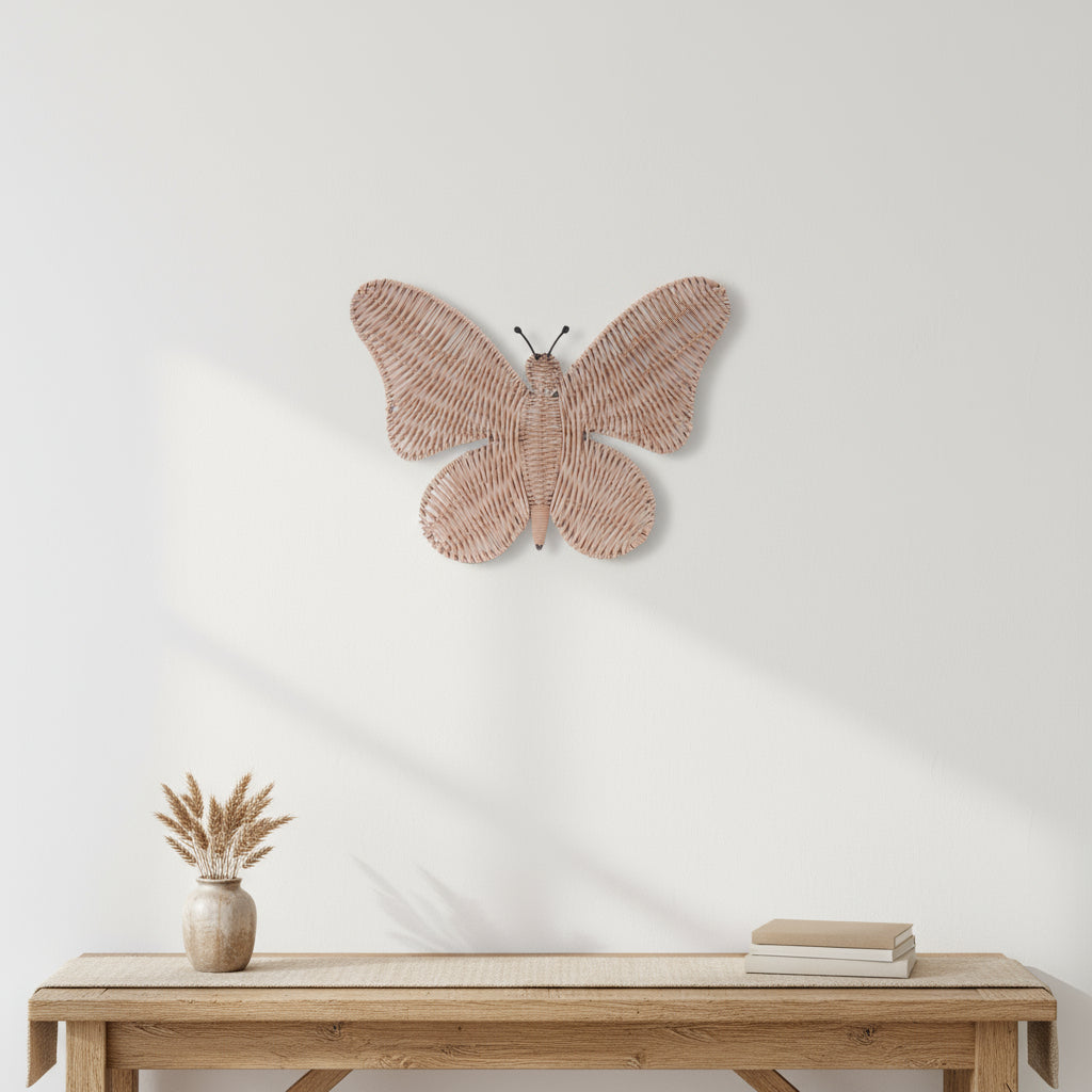 14" X 18" NATURAL BUTTERFLY RATTAN HANGING DIMENSIONAL SCULPTURE - Varnish & Vibe