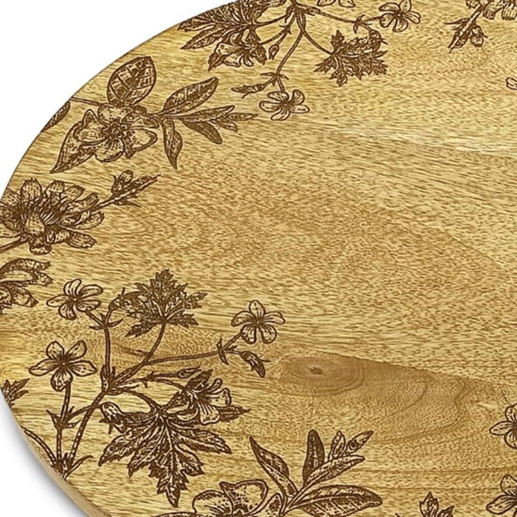 SET OF TWO 12" BROWN SOLID WOOD FLORAL ROUND SERVING TRAYS - Varnish & Vibe