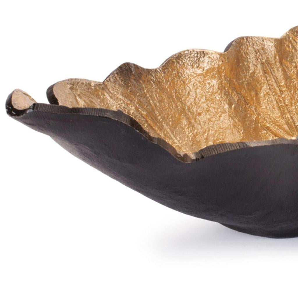 CALABASAS SET OF TWO 25" BLACK AND GOLD CAST ALUMINUM RUSTIC LEAF CENTERPIECE BOWLS - Varnish & Vibe