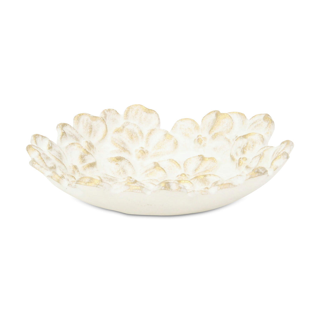 7" WHITE AND GOLD CAST IRON FLOWER ROUND TRINKET TRAY - Varnish & Vibe