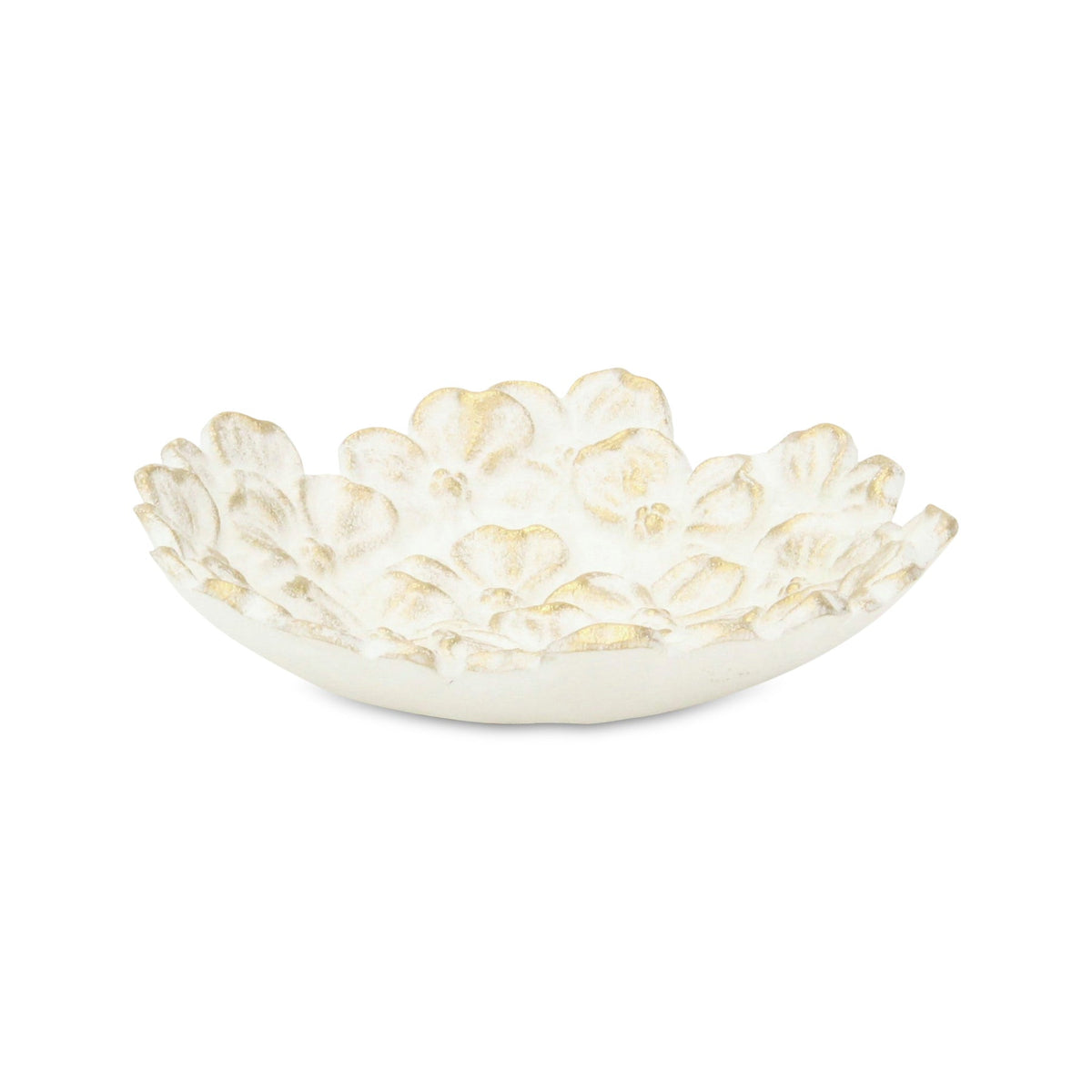7" WHITE AND GOLD CAST IRON FLOWER ROUND TRINKET TRAY - Varnish & Vibe