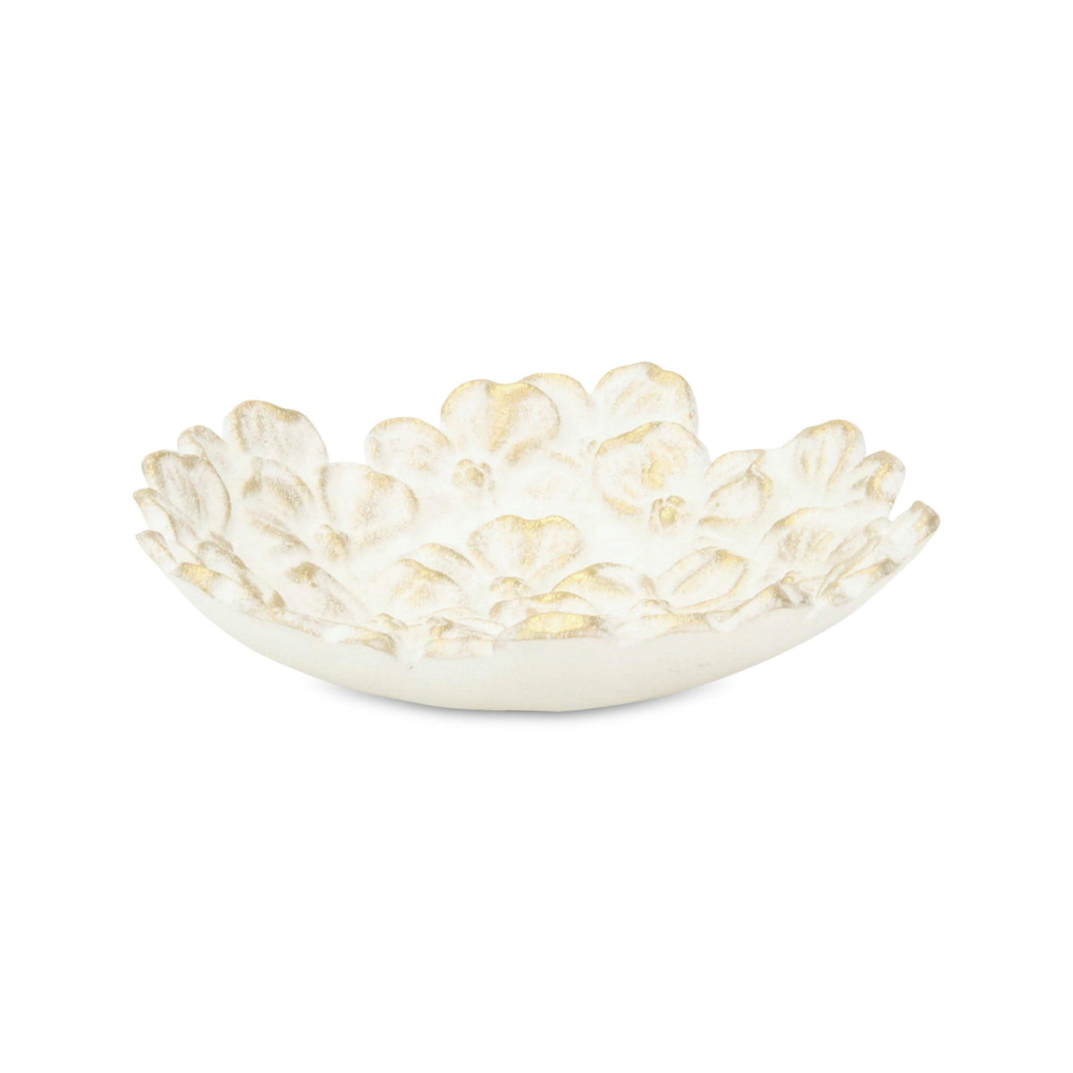7" WHITE AND GOLD CAST IRON FLOWER ROUND TRINKET TRAY - Varnish & Vibe