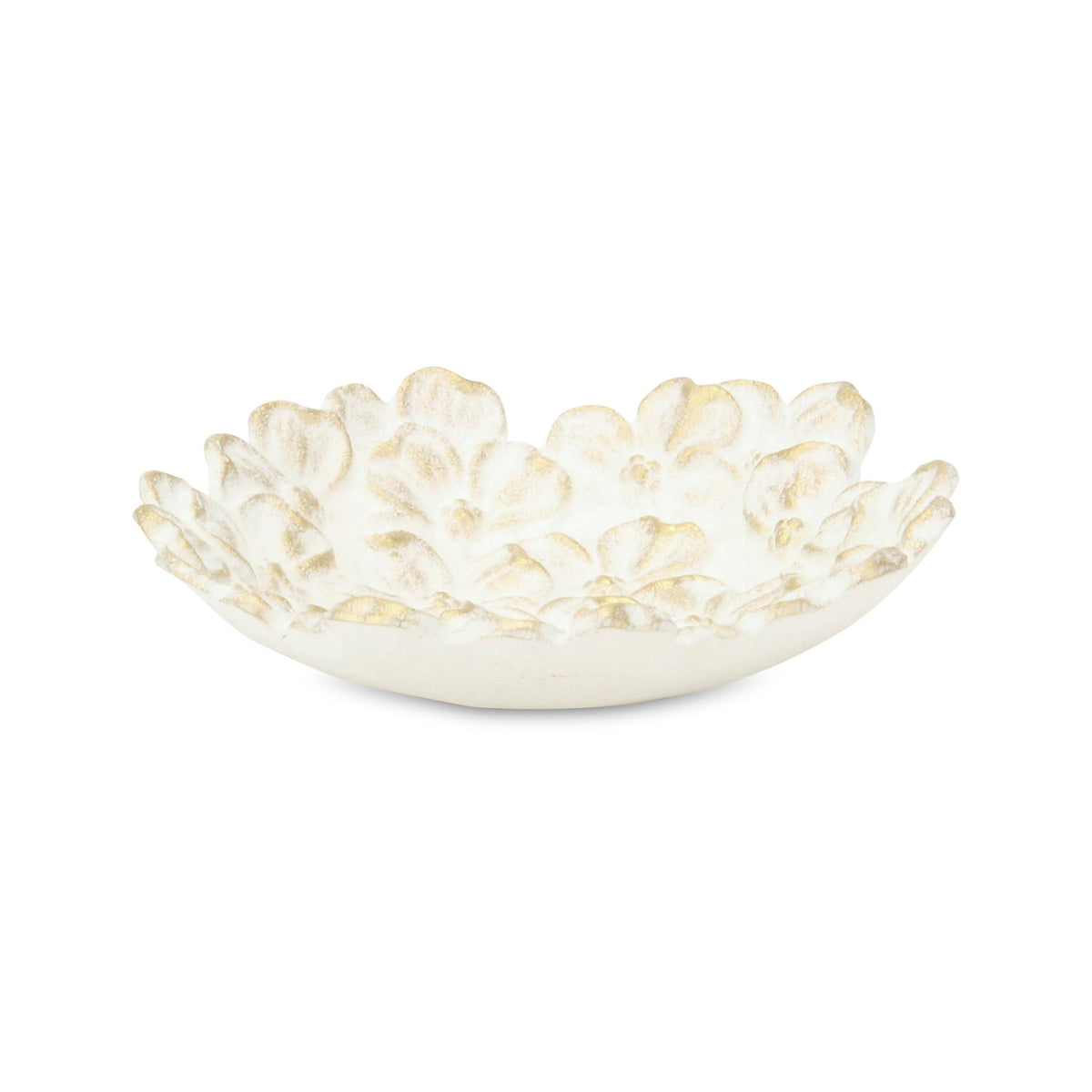 7" WHITE AND GOLD CAST IRON FLOWER ROUND TRINKET TRAY - Varnish & Vibe