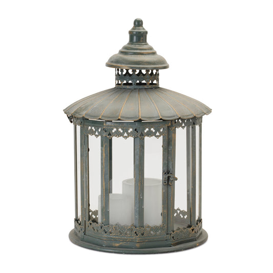 CALABASAS 20" GRAY DISTRESSED GEOMETRIC METAL AND GLASS CENTERPIECE LANTERN CANDLE HOLDER - Varnish & Vibe