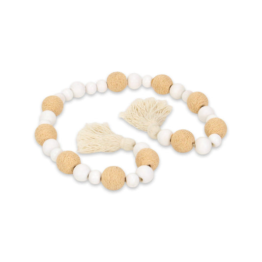 38" WHITE AND NATURAL WOOD AND FABRIC HAND PAINTED DECORATIVE TASSEL