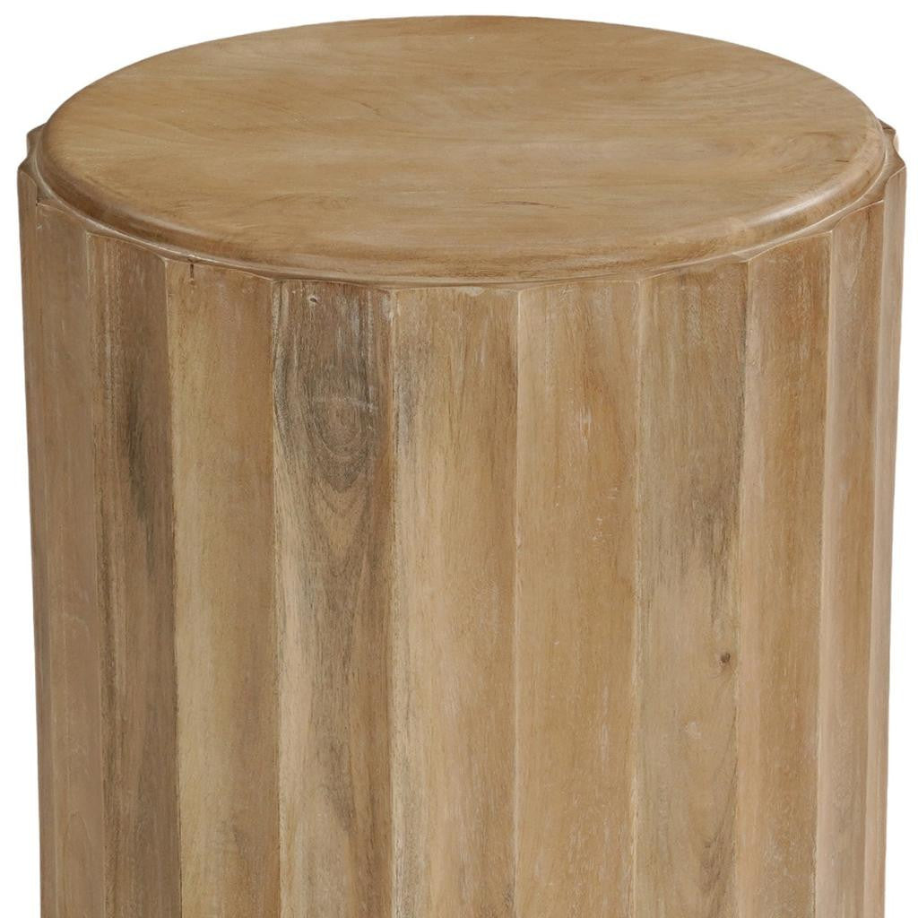 23" BROWN SOLID WOOD ROUND BLOCK END TABLE - Varnish & Vibe