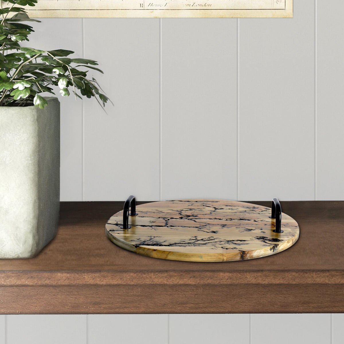 16" BROWN AND BLACK SOLID WOOD ABSTRACT ROUND SERVING TRAY WITH HANDLES - Varnish & Vibe