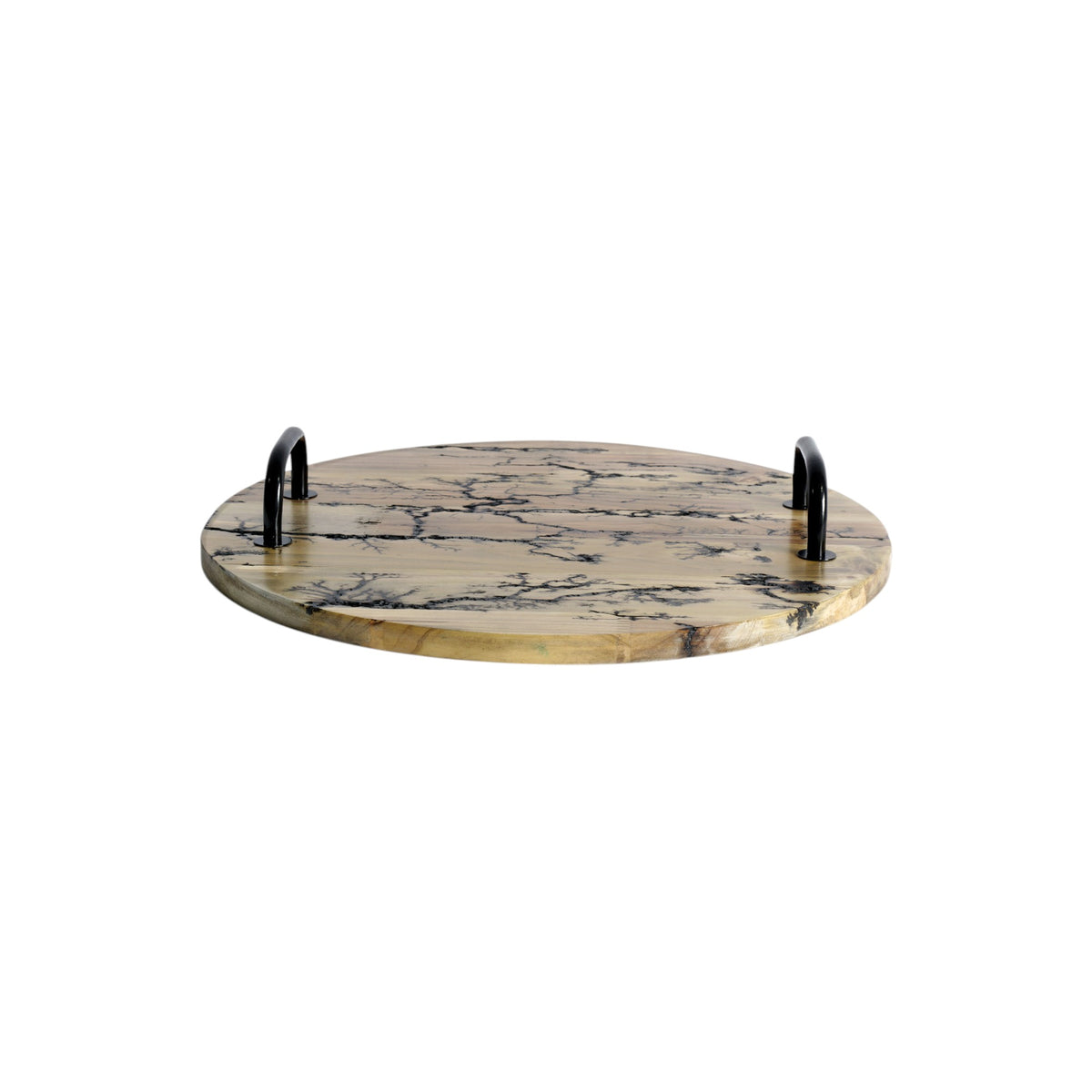 16" BROWN AND BLACK SOLID WOOD ABSTRACT ROUND SERVING TRAY WITH HANDLES - Varnish & Vibe