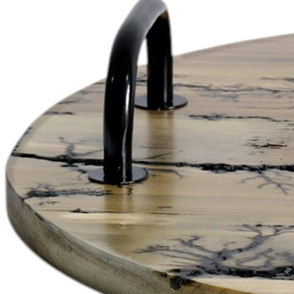 16" BROWN AND BLACK SOLID WOOD ABSTRACT ROUND SERVING TRAY WITH HANDLES - Varnish & Vibe