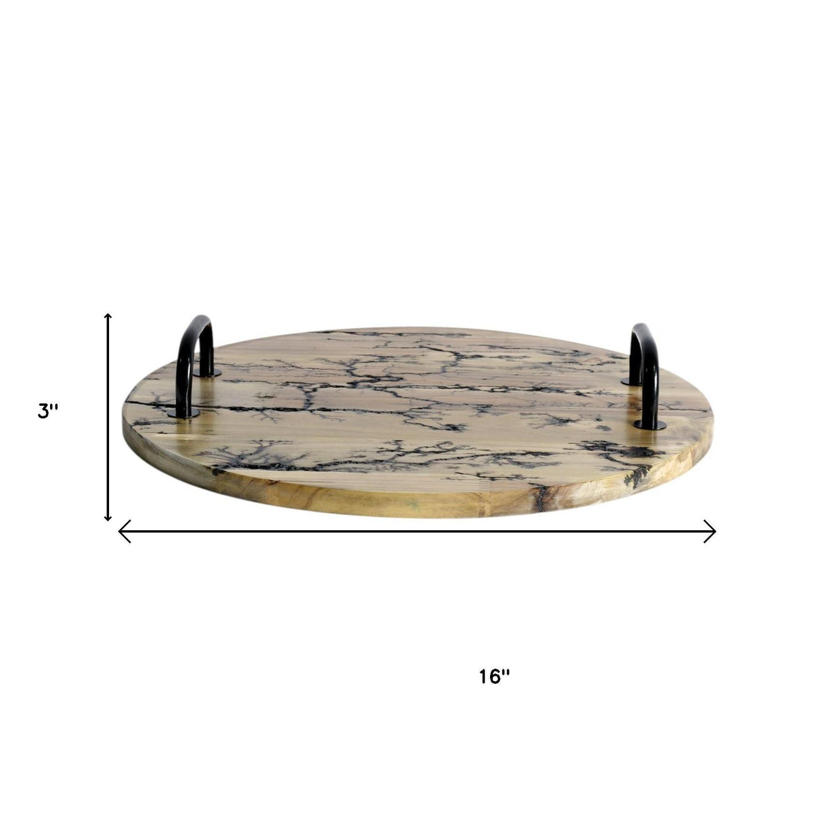 16" BROWN AND BLACK SOLID WOOD ABSTRACT ROUND SERVING TRAY WITH HANDLES - Varnish & Vibe