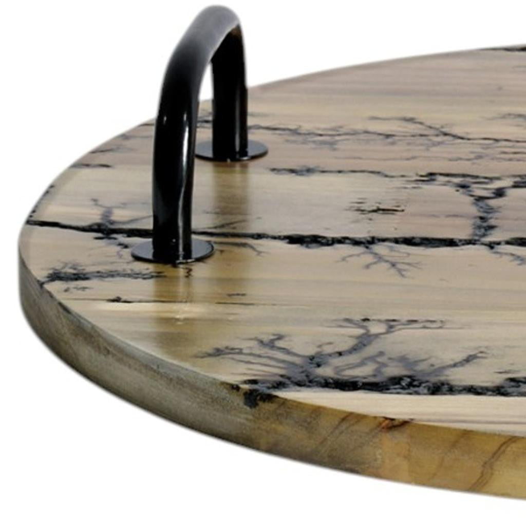 16" BROWN AND BLACK SOLID WOOD ABSTRACT ROUND SERVING TRAY WITH HANDLES - Varnish & Vibe