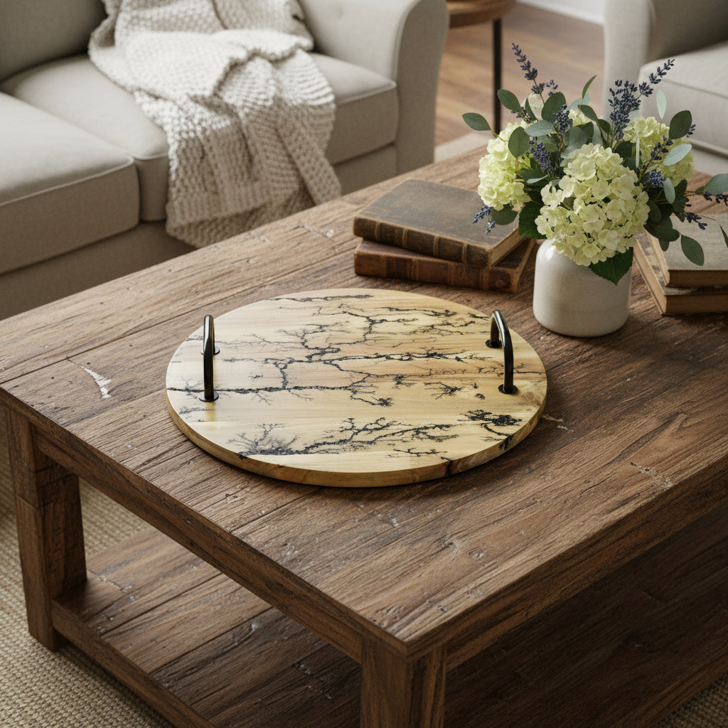 16" BROWN AND BLACK SOLID WOOD ABSTRACT ROUND SERVING TRAY WITH HANDLES - Varnish & Vibe