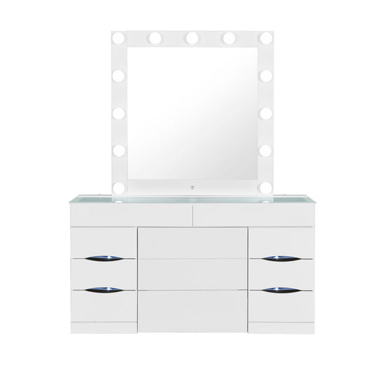 62" WHITE VANITY WITH MIRROR SEATING AND LIGHTS