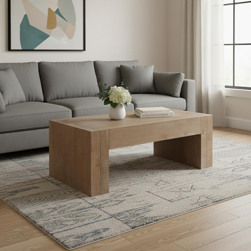 Living room with a gray sectional sofa, wooden coffee table, and abstract art on the wall.