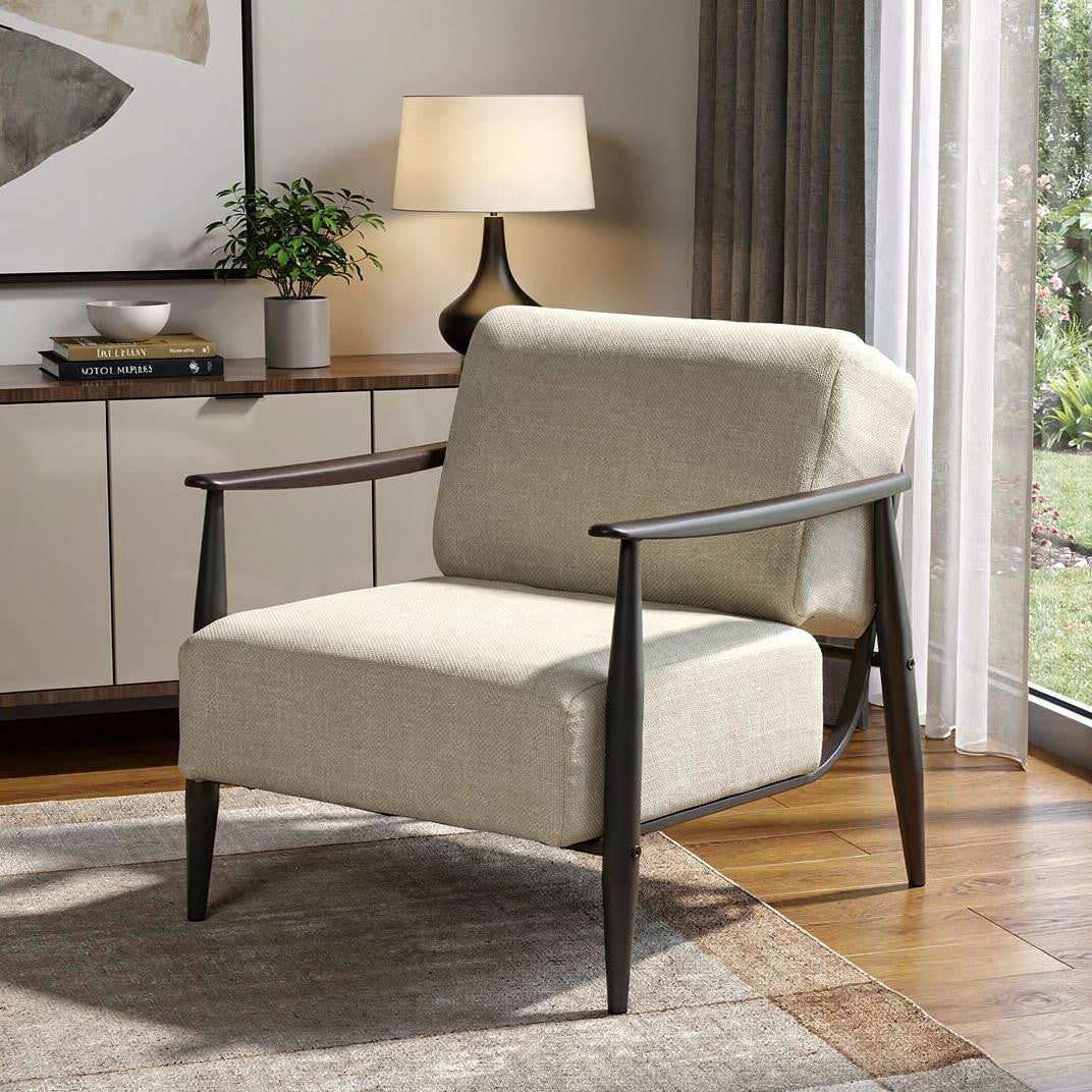 CALABASAS 28" BEIGE AND BLACK UPHOLSTERED CUSHION AND SOLID WOOD ARMCHAIR - Varnish & Vibe