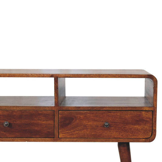 LAUREL 51" CHESTNUT SOLID WOOD CONSOLE TABLE WITH THREE SHELVES AND THREE DRAWERS