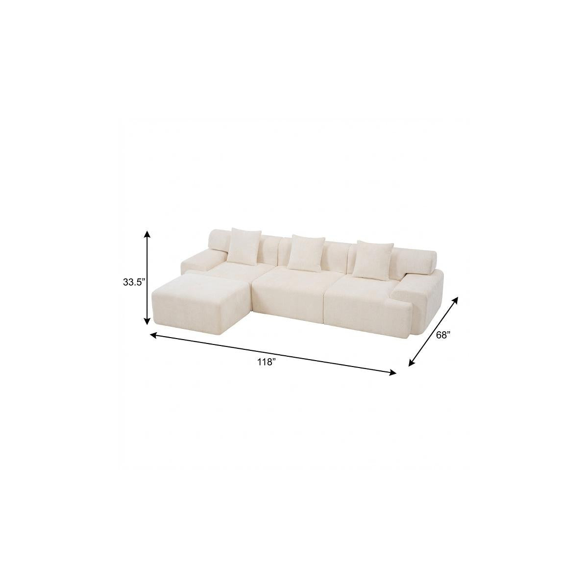 chenille modular sofa chaise ottoman, modular sofa chaise ottoman, beige chenille modular sofa chaise, 118" beige chenille modular sofa, sofa chaise ottoman toss pillows