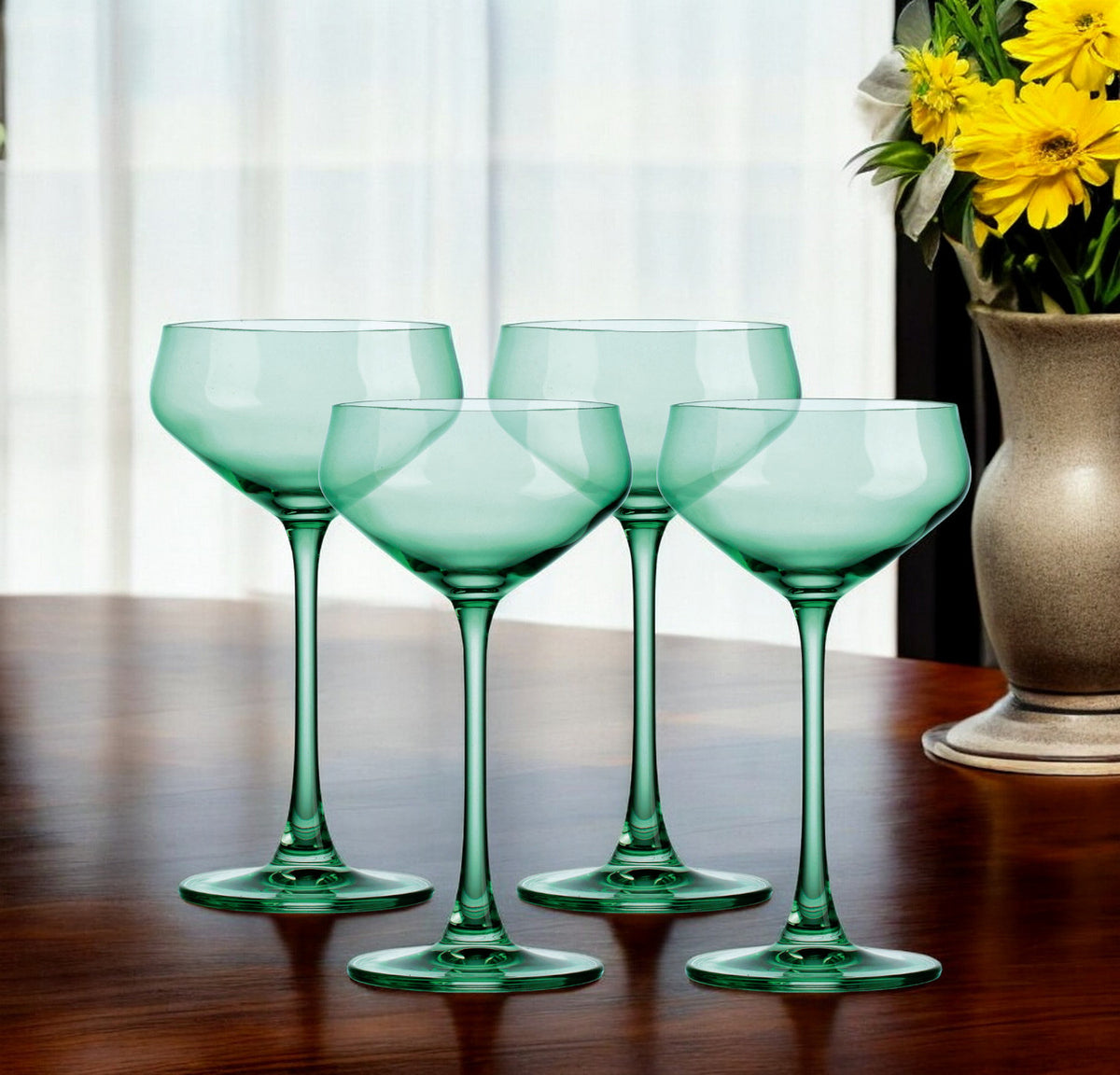 OCEAN SET OF FOUR BOHEMIAN GREEN CRYSTAL BOWL COUPE - Varnish & Vibe