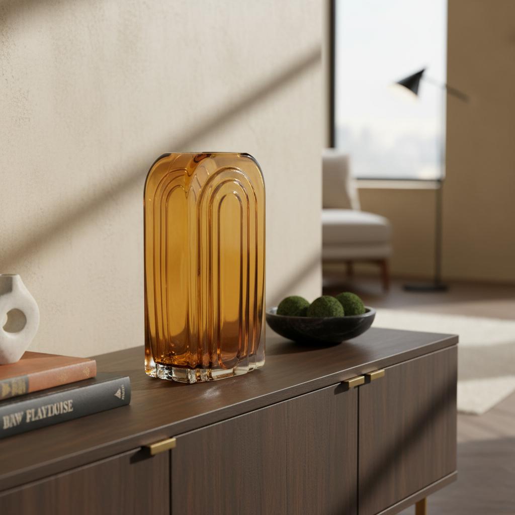 Amber glass vase on a dark walnut console styled in earthy neutral fall tones from the Palisades collection