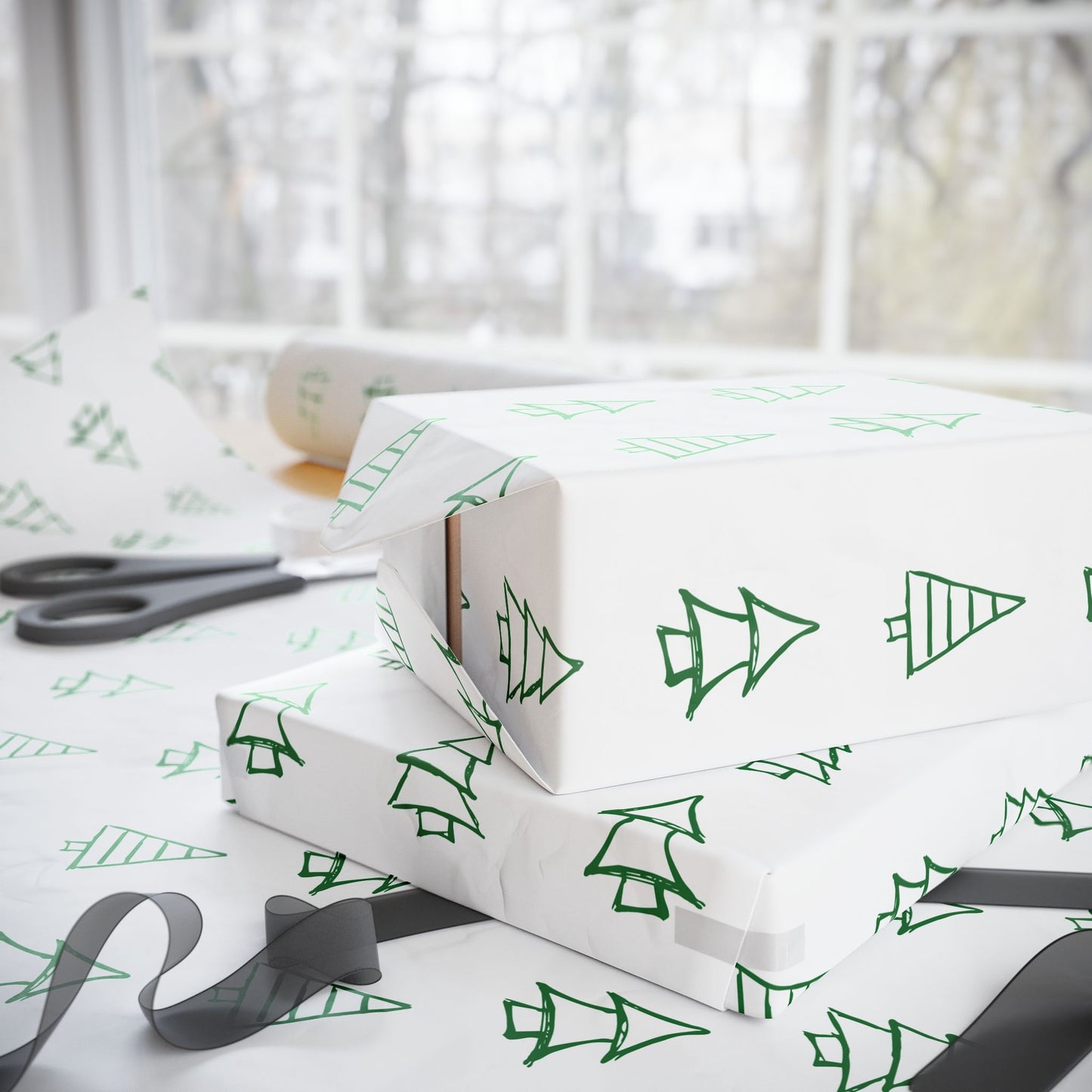 Christmas Tree Pattern Wrapping Paper Roll — Green Sketch Holiday Gift Wrap