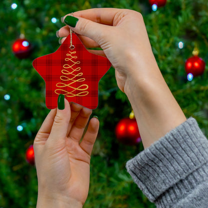 Red Tartan Christmas Tree Ceramic Ornament, 4 Shapes - Varnish & Vibe