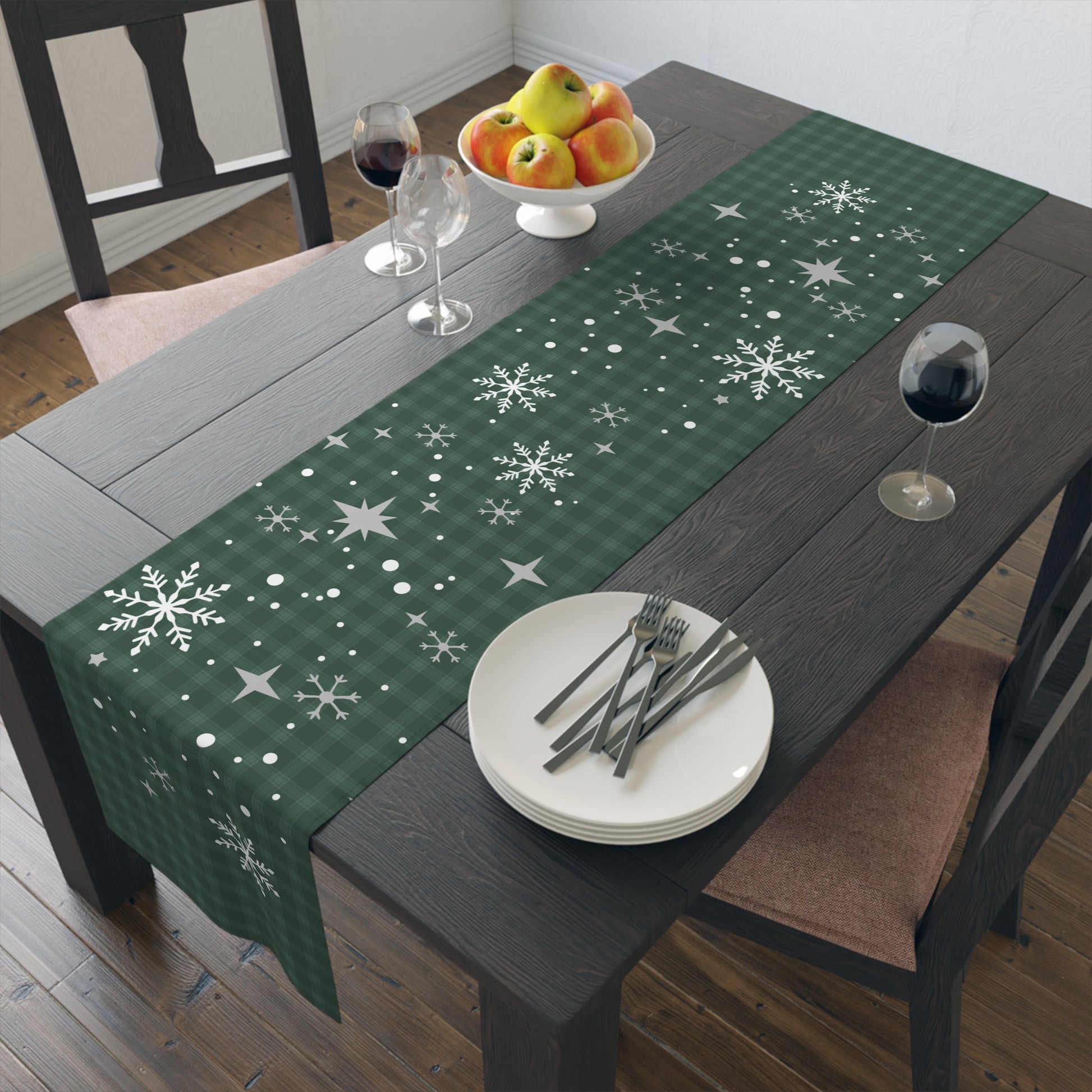 Green Tartan Snowflakes Table Runner (Cotton, Poly) - Varnish & Vibe