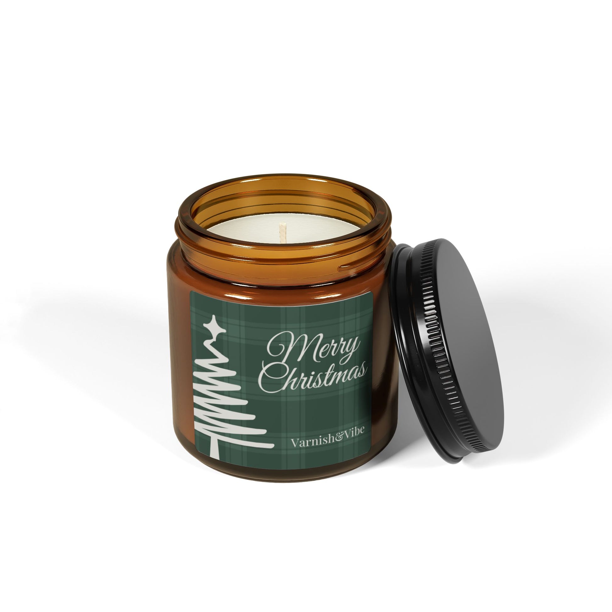 Merry Christmas Scented Soy Candle (Green, Multi-Size, Amber Jar) - Varnish & Vibe