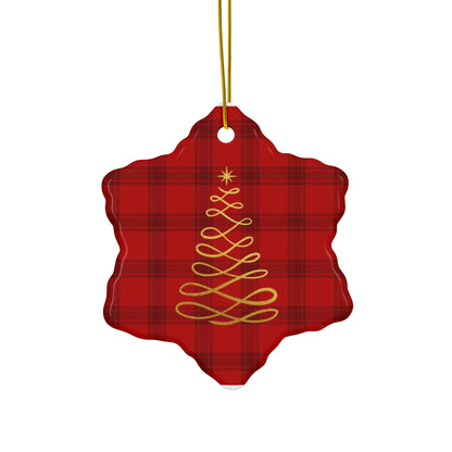 Red Tartan Christmas Tree Ceramic Ornament, 4 Shapes - Varnish & Vibe