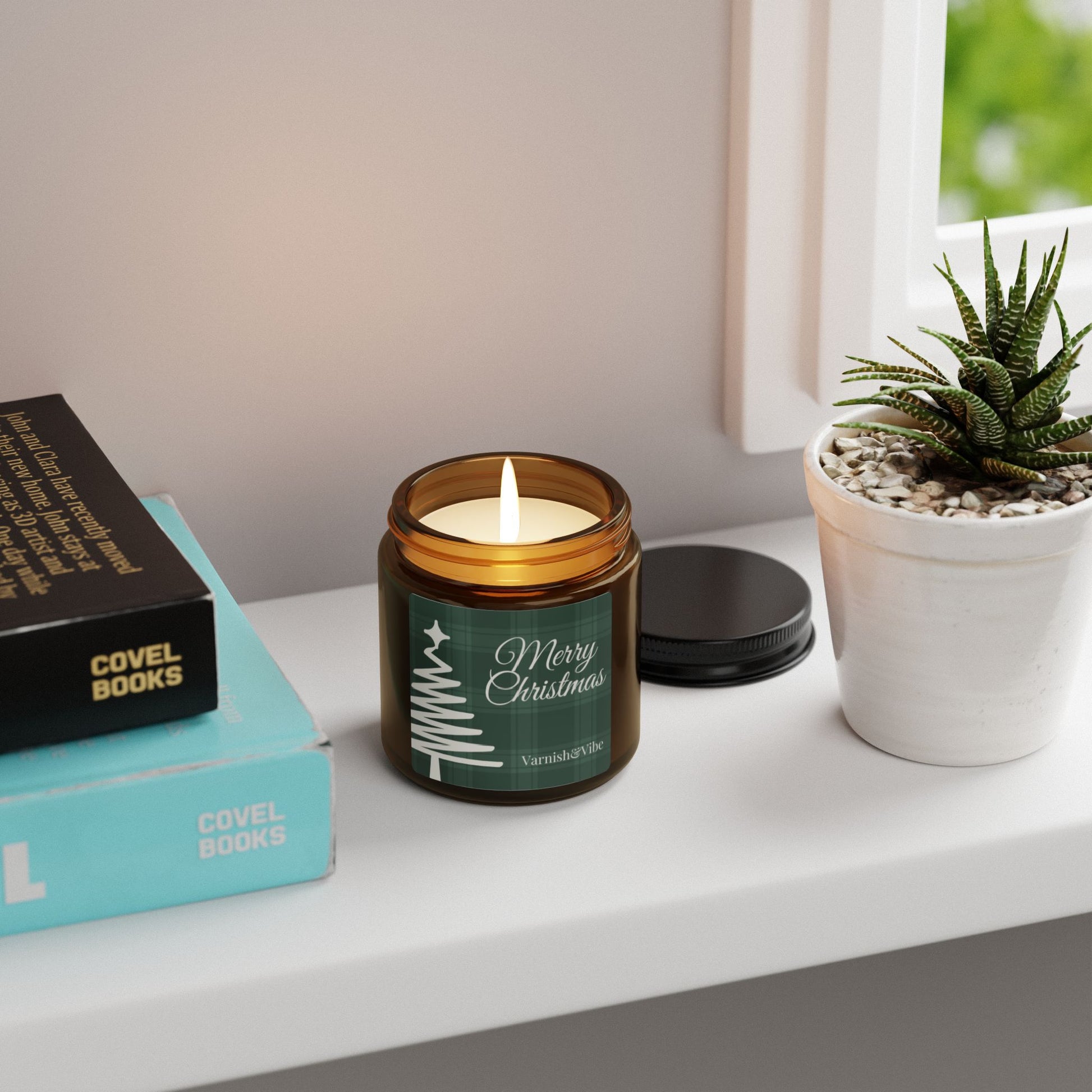 Merry Christmas Scented Soy Candle (Green, Multi-Size, Amber Jar) - Varnish & Vibe