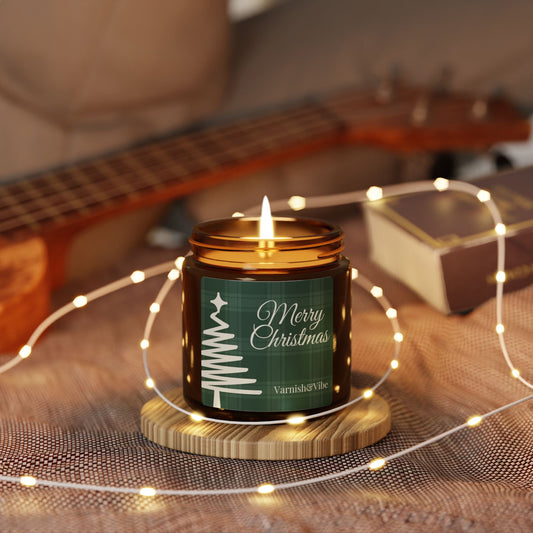 Merry Christmas Scented Soy Candle (Green, Multi-Size, Amber Jar) - Varnish & Vibe