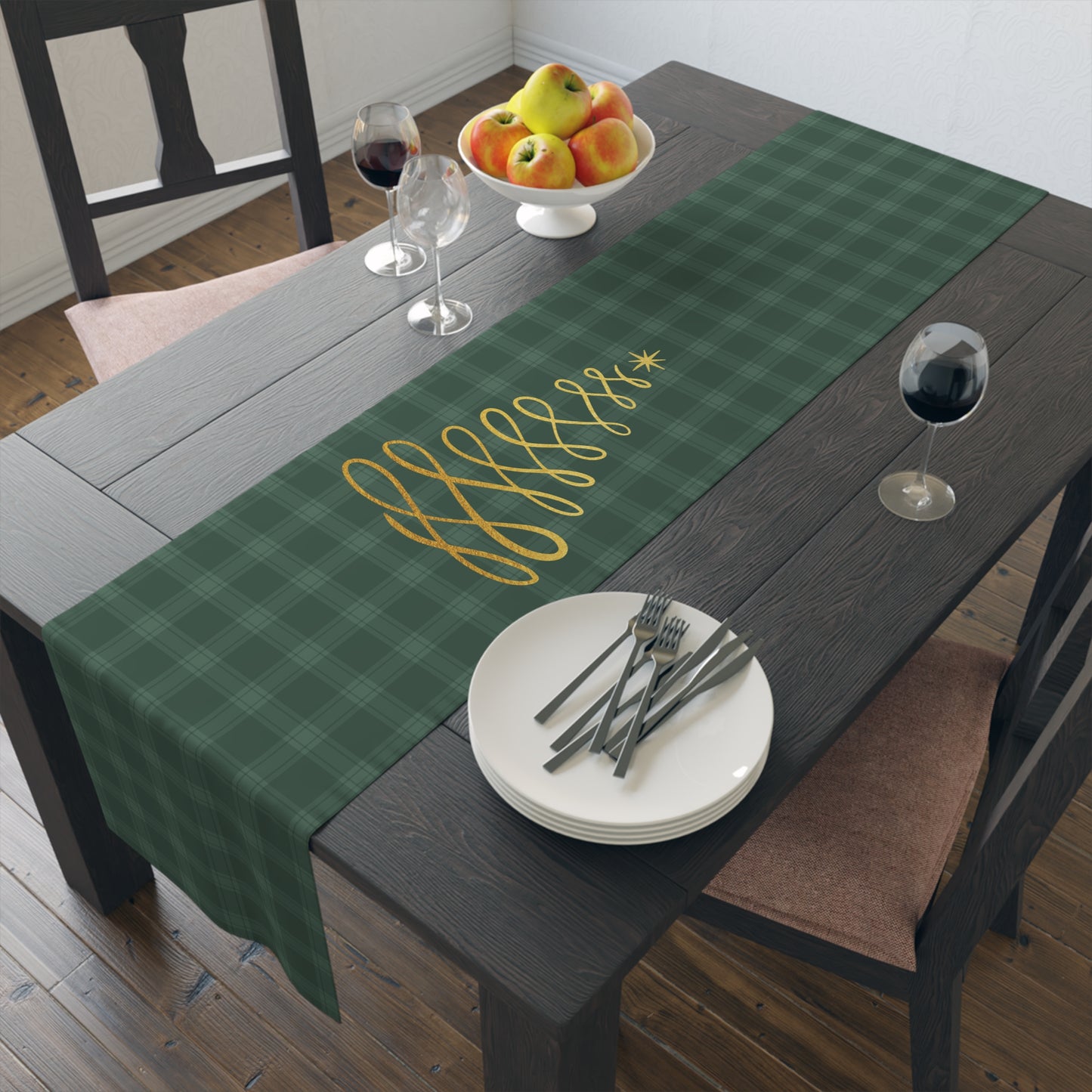 Green Tartan Christmas Tree Table Runner (Cotton, Poly) - Varnish & Vibe