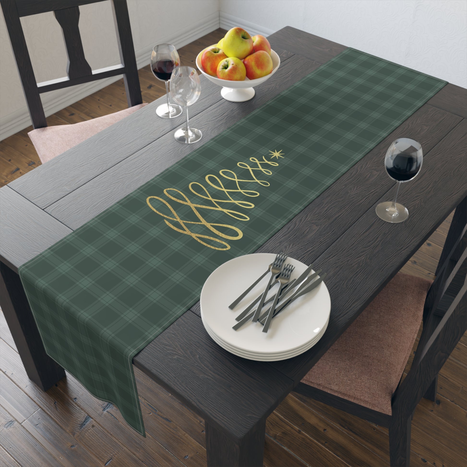 Green Tartan Christmas Tree Table Runner (Cotton, Poly) - Varnish & Vibe