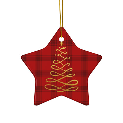 Red Tartan Christmas Tree Ceramic Ornament, 4 Shapes - Varnish & Vibe