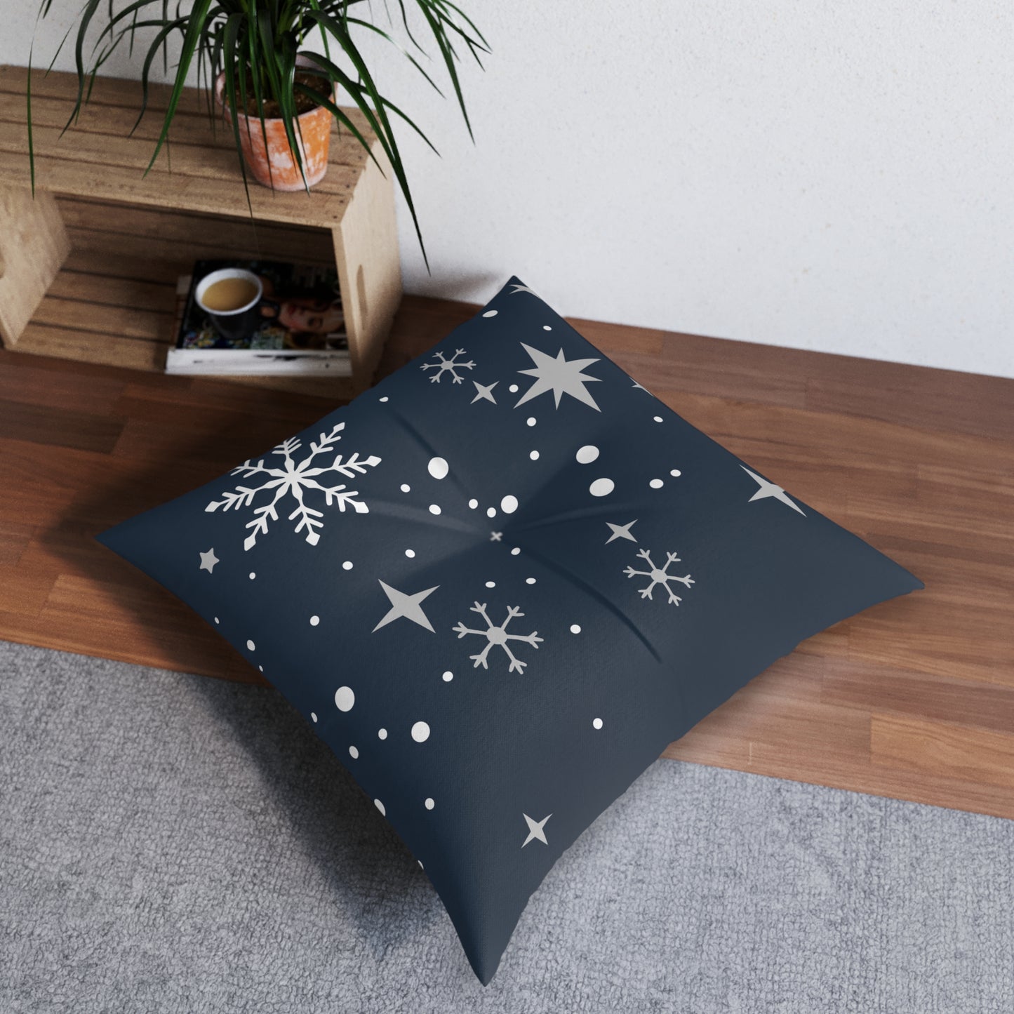 Blue Tartan Snowflakes Tufted Floor Pillow, Square - Varnish & Vibe