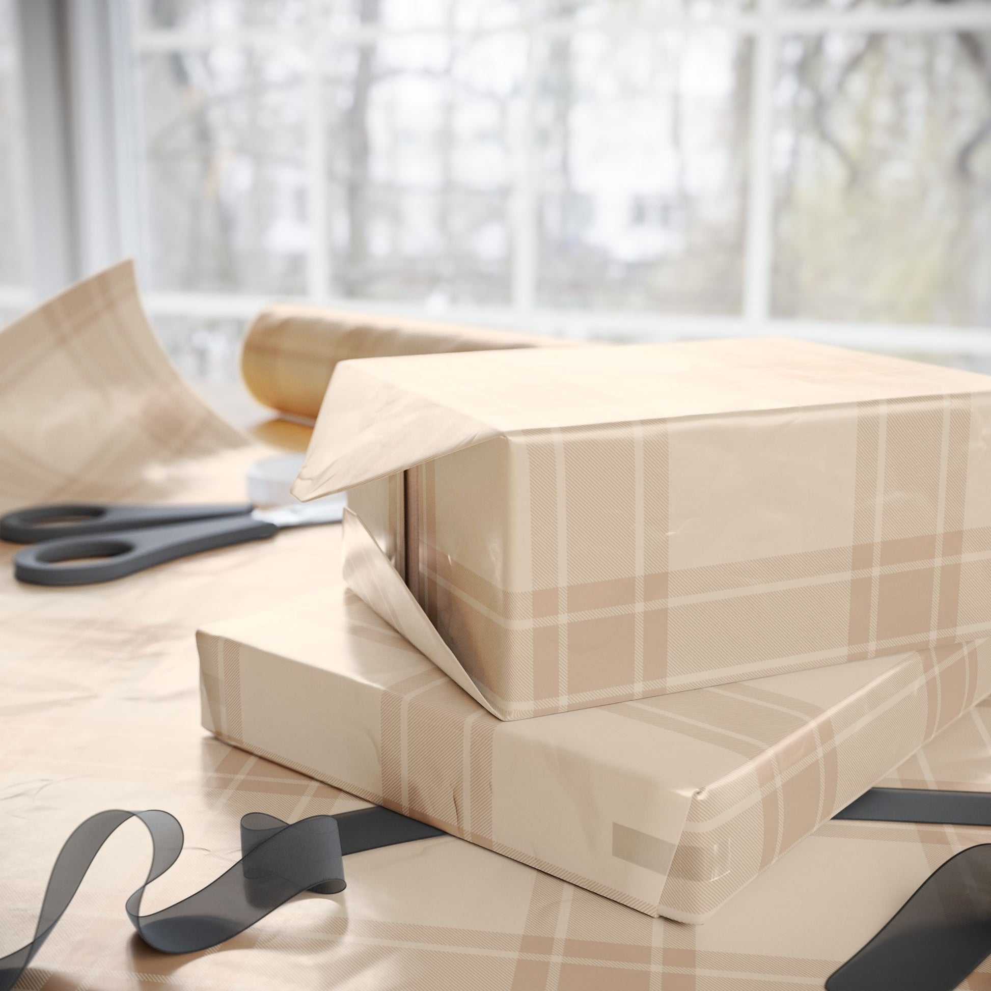 Neutral Plaid Wrapping Paper Roll – Beige Grid Gift Wrap for Weddings & Birthdays - Varnish & Vibe