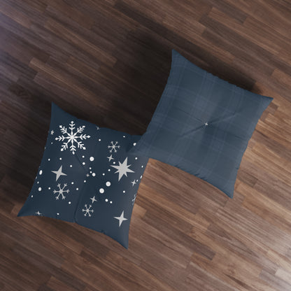 Blue Tartan Snowflakes Tufted Floor Pillow, Square - Varnish & Vibe