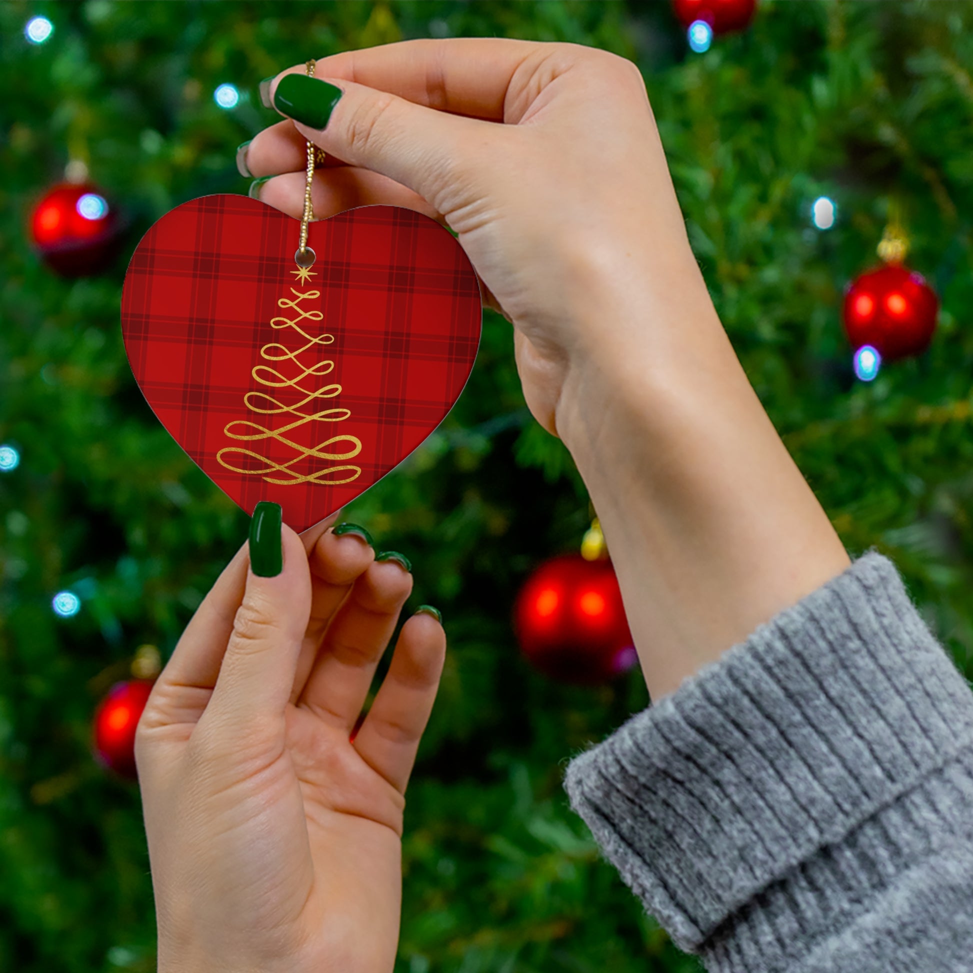 Red Tartan Christmas Tree Ceramic Ornament, 4 Shapes - Varnish & Vibe