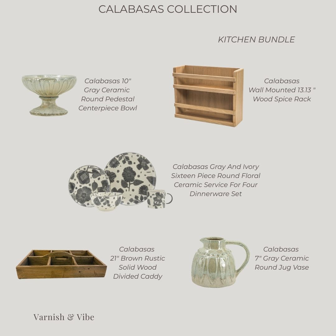 Promotional image of Calabasas kitchen bundle with decorative items on a light gray background.