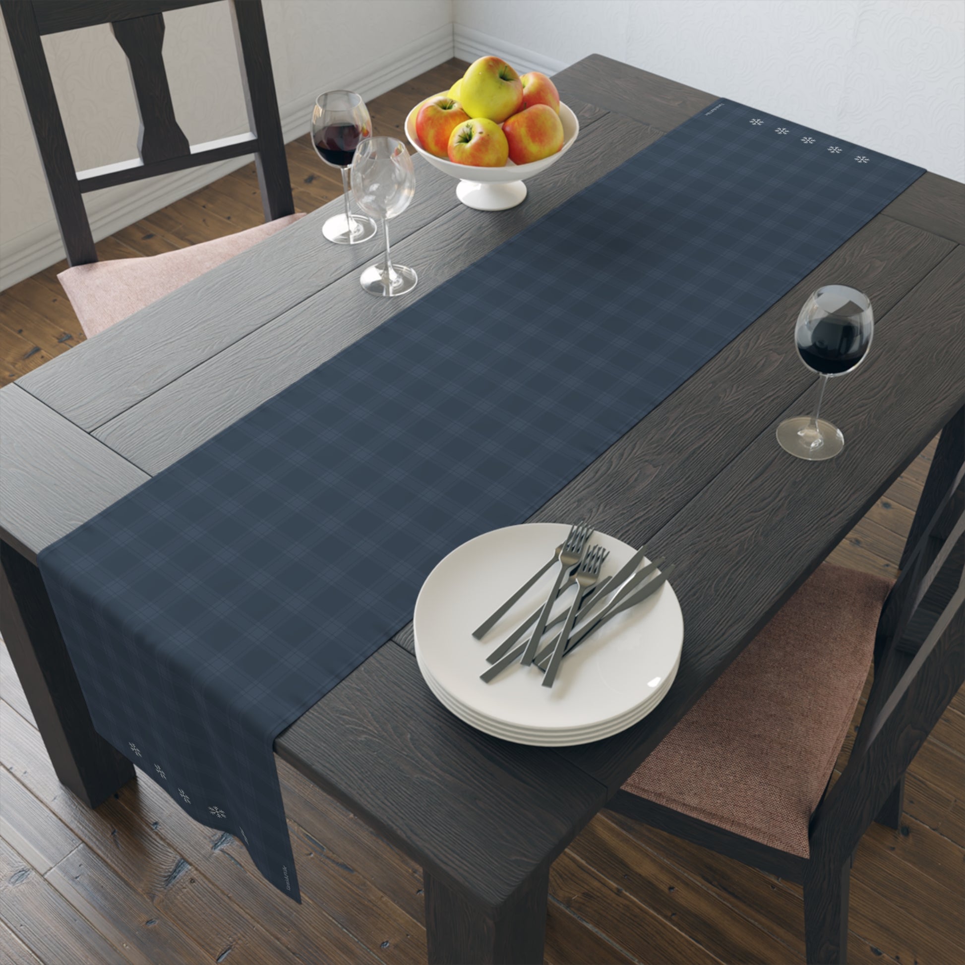Blue Tartan Snowflakes Table Runner (Cotton, Poly) - Varnish & Vibe