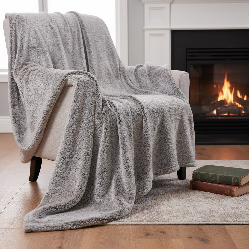 LAUREL 59" X 79" GRAY FAUX FUR PLUSH THROW BLANKET