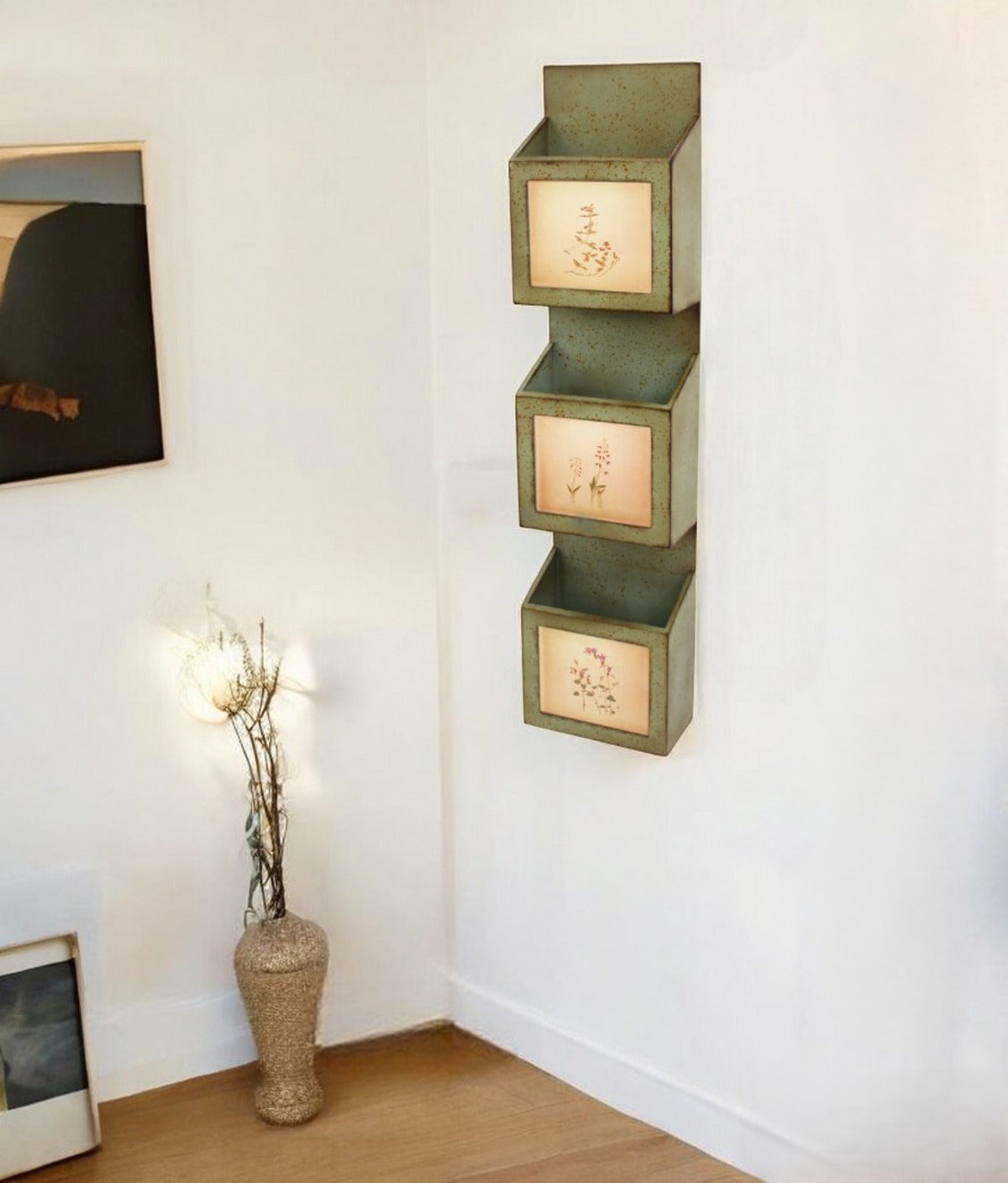 CALABASAS 42" X 10" X 5" GREEN RUSTIC VERTICAL - NEWSPAPER & MAGAZINE RACK - Varnish & Vibe