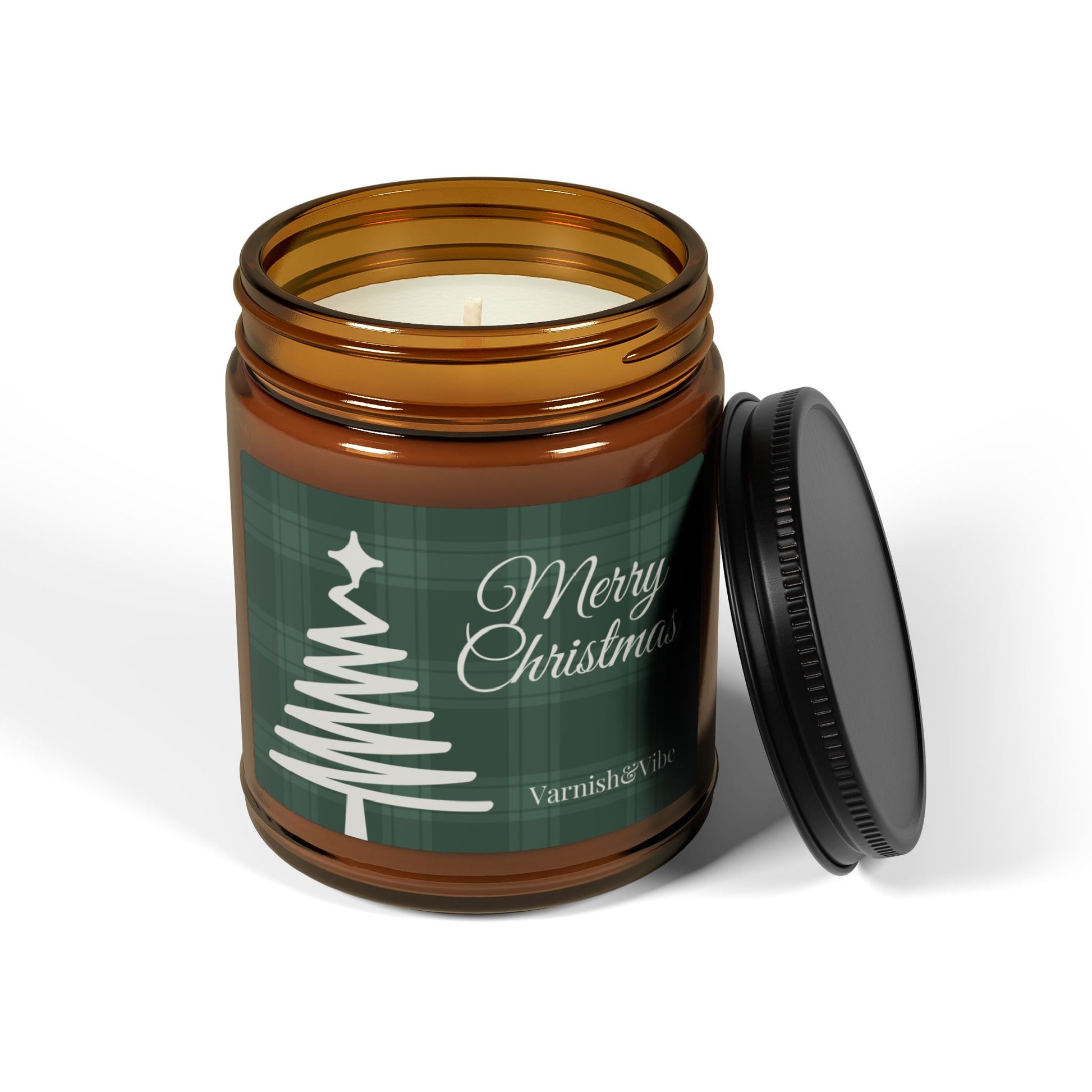 Merry Christmas Scented Soy Candle (Green, Multi-Size, Amber Jar) - Varnish & Vibe