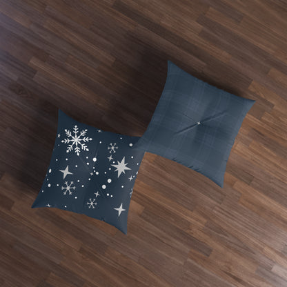 Blue Tartan Snowflakes Tufted Floor Pillow, Square - Varnish & Vibe