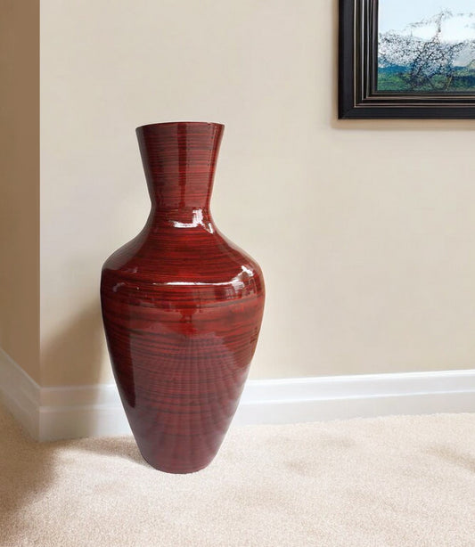 30" Red Lacquer Spun Bamboo Floor Vase - Varnish & Vibe