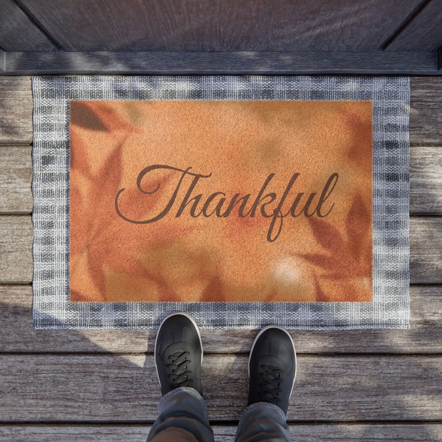 Thankful Script Thanksgiving Fall Leaves Doormat