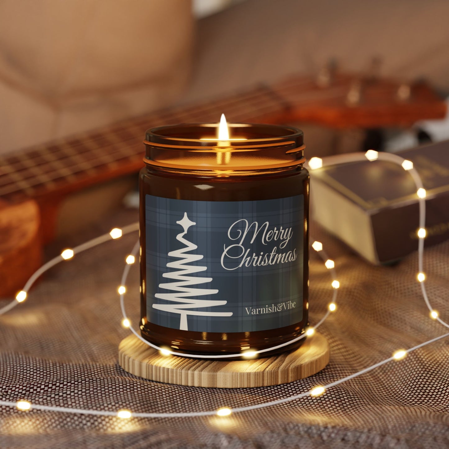 Merry Christmas Scented Soy Candle (Blue, Multi-Size, Amber Jar) - Varnish & Vibe