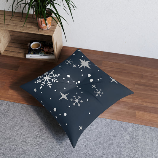 Blue Tartan Snowflakes Tufted Floor Pillow, Square - Varnish & Vibe