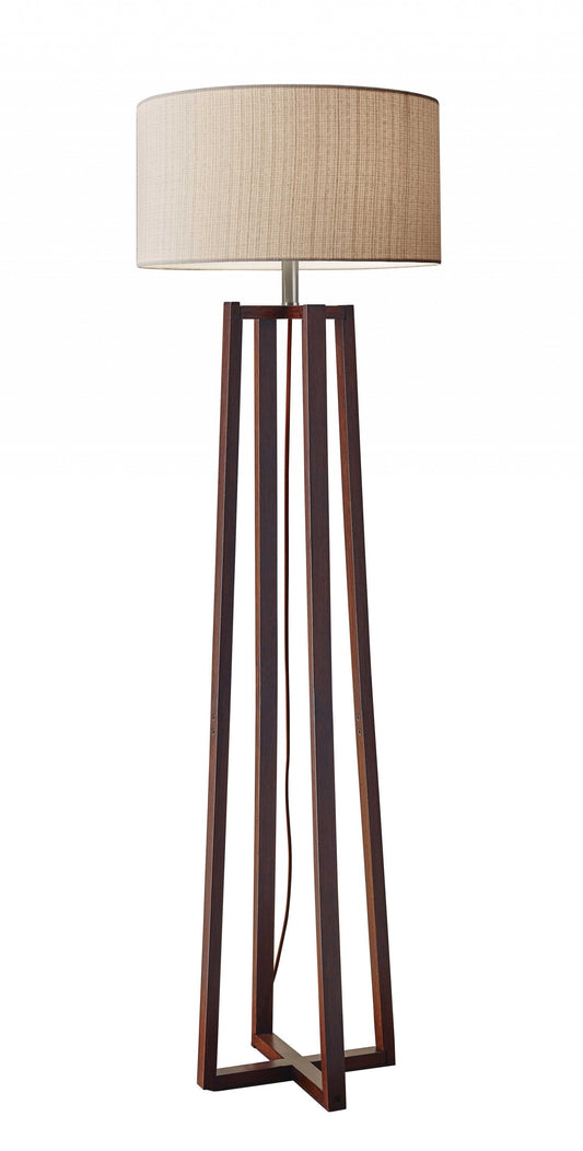 60" BROWN SOLID WOOD NOVELTY FLOOR LAMP WITH BEIGE FABRIC DRUM SHADE - Varnish & Vibe