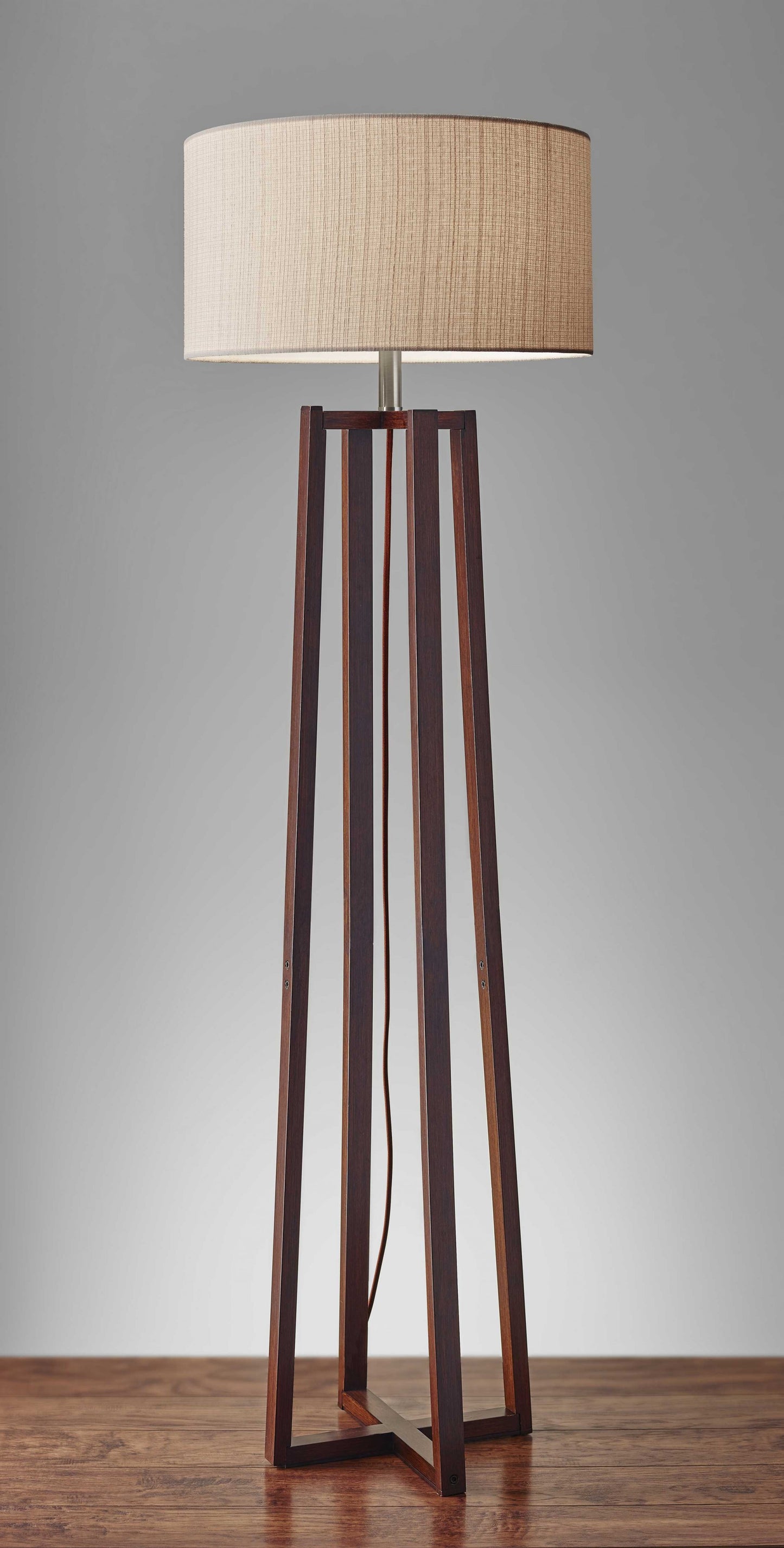 60" BROWN SOLID WOOD NOVELTY FLOOR LAMP WITH BEIGE FABRIC DRUM SHADE - Varnish & Vibe